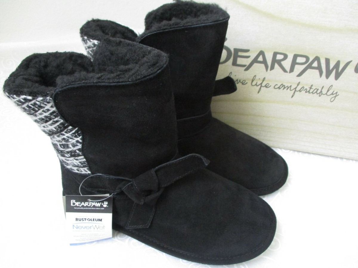 BEARPAW BLACK WHITE KNIT SUEDE LEATHER BOOTS SIZE 10 NEW