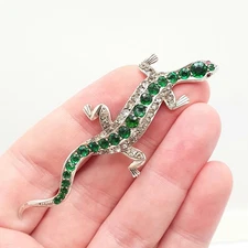 Antique Victorian Solid Silver Lizard Brooch Emerald & Diamond Paste Pastes