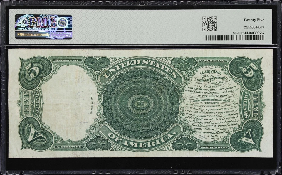 Fr. 86. 1907 $5 Legal Tender Note. PMG Very Fine 25. - Image 2 of 2