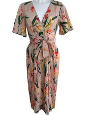 PrettyLittleThing Pink Floral Midi Dress Women's Size 10 Pleated 100% Polyester