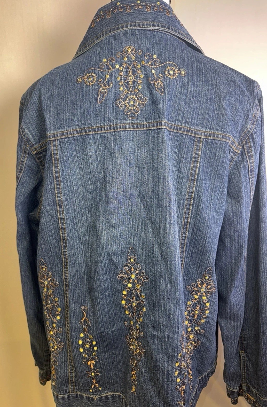 Denim & Co Embroidered Denim Jacket Womens L Blue Boho Western Jean