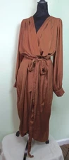City Chic Opulent Faux Wrap Dress Hi Low Hem Brown Plus SZ S/16 Office Lagenlook
