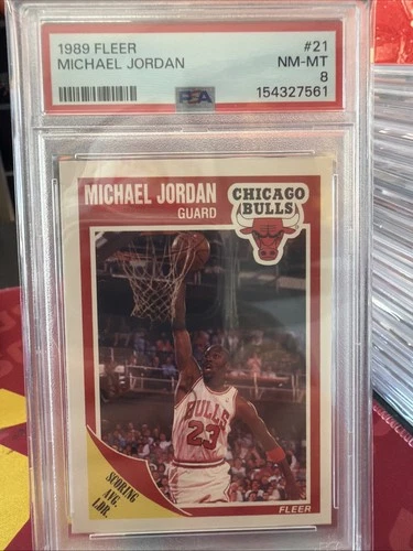 1989 FLEER #21 , MICHAEL JORDAN, CHICAGO BULLS , PSA GRADED 8 NM-MT, RARE