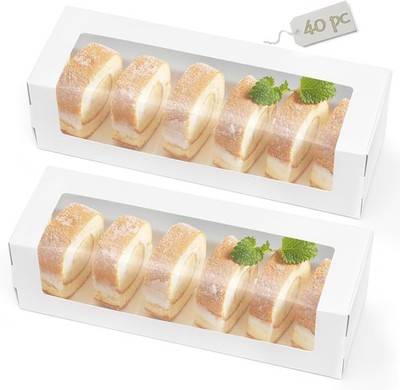 40 Pack White Bakery Boxes with Window, 12 x 4 x 3.5 Inch Roll Cake Boxes,