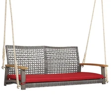 Costway Porch Swing 61"Hx55"Wx27"D 2-Person Patio Wood Wicker Hanging Red+Gray