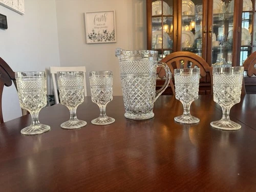 Vintage Anchor Hocking Wexford Diamond Point Pitcher and Goblet 6 Piece Set MCM
