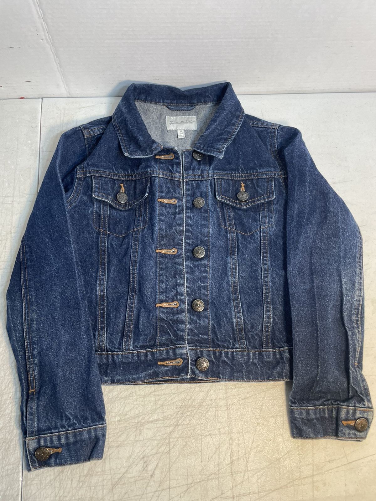 Jona Michelle Kids Blue Jean Jacket Girls 7/8 M Dark Wash Flower Detail Buttons image 3