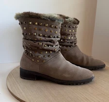 Stuart Weitzman Taupe Suede Studded Slouch Boots Faux Fur Lined Women's Size 9N