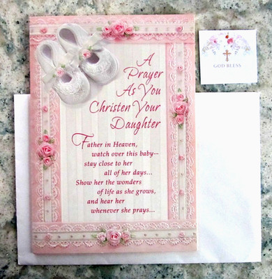 NOS Hallmark Daughter Christening Greeting Card, Env. & Seal -Baby Shoes & Roses