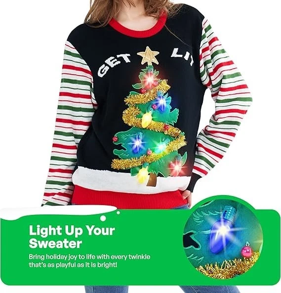 Suéter feo de Navidad con luces LED para mujer con bombillas, árbol de Navidad negro Foto 3 de 4