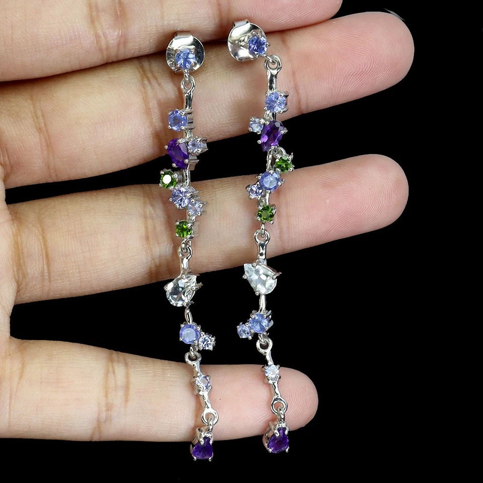 Pendientes de plata de ley 925 pera aguamarina 6x4 mm joyas de piedras preciosas de tanzanita Foto 2 de 4