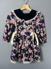 Vintage 90s Girls 6X Navy Blue Floral Print Dress with Velvet Collar by SWAT