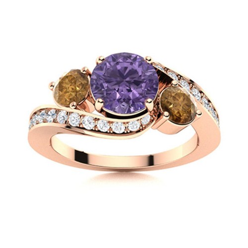 925 Sterling Silver Rose Plated Round Amethyst & Smoky Quartz Three Stone Ring