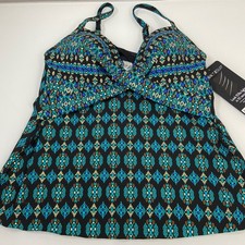 Miraclesuit Size 8 Allura Blue Teal Black Geometric Twist Front Tankini Swim Top