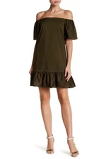 Love...Ady Women's Off the Shoulder Ruffle Mini Shift Dress in Olive Size L