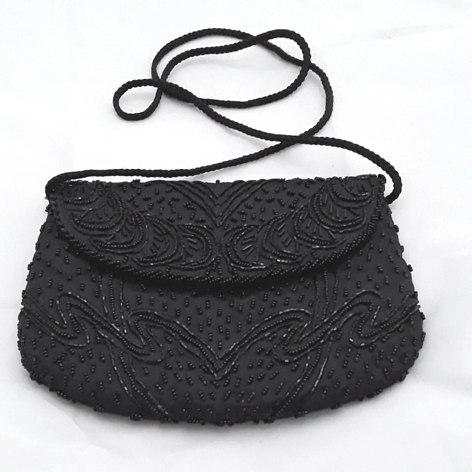 Bolso Cartera de Noche para Mujer Negro Adornado con Cuentas Cierre a Presión Correa Trenzada Foto 2 de 4