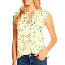 CeCe Wisteria Vines Floral Ruffle Sleeveless Blouse Pale Yellow Lemonade XS NWT