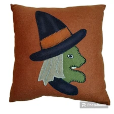 Halloween Pillow 12"X12" Green Witch  felt rustic barn style Applique brown grey
