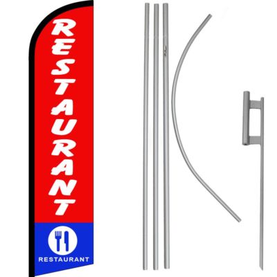 Restaurant Red / Blue / White Windless Banner Flag & 16' Flagpole Kit /Ground
