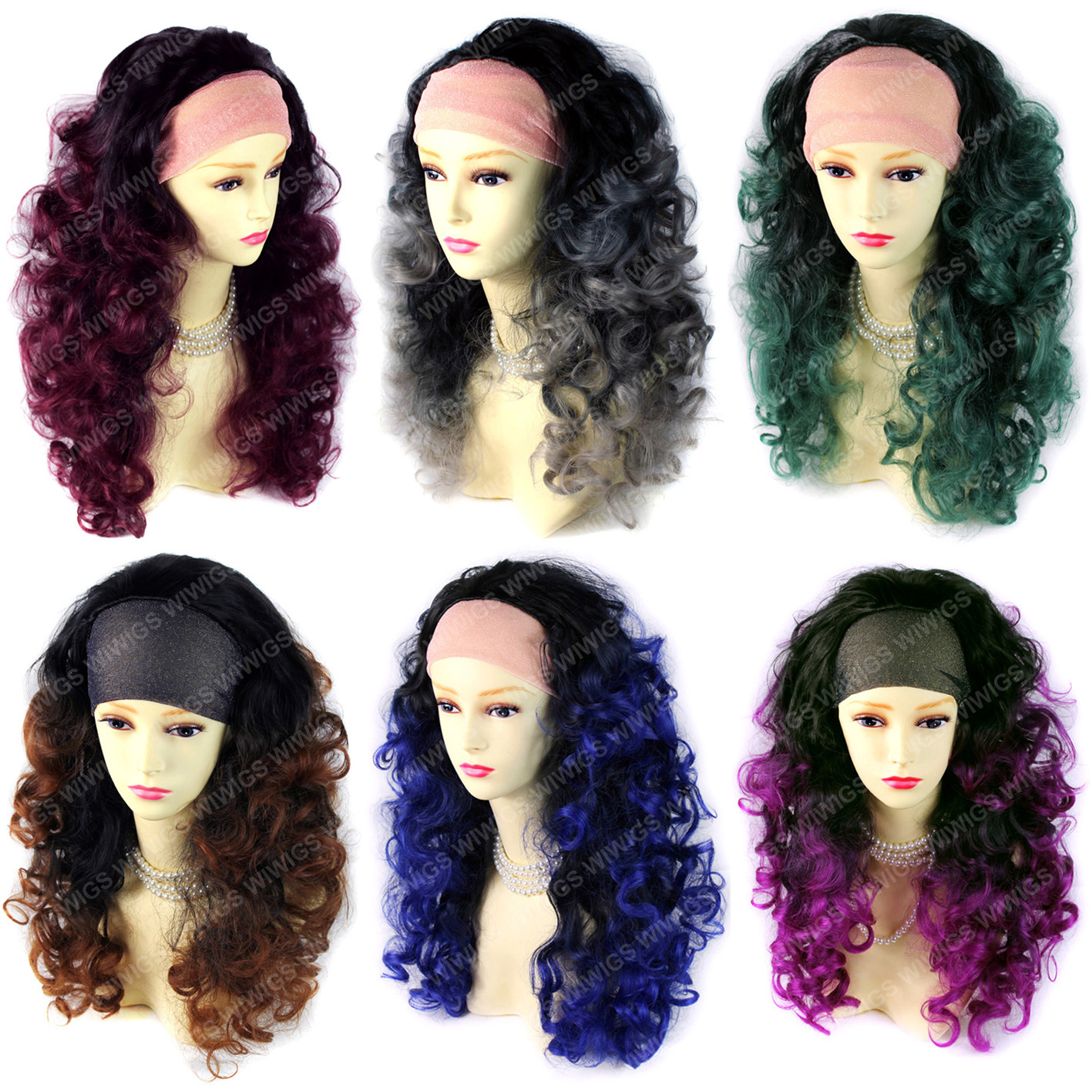 Wiwigs DipDye Ombre Grey Green Red Blue 3/4 Curly Fall Hairpiece