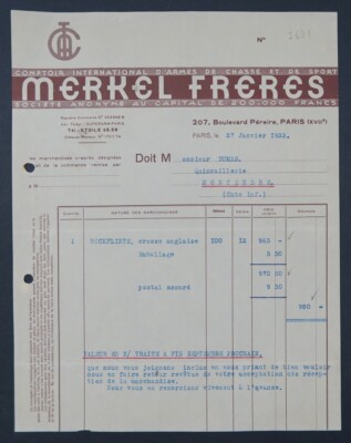 Rechnung 1933 Comptoir D ARMES de CHASSE MERKEL PARIS old bill Rechnung 17