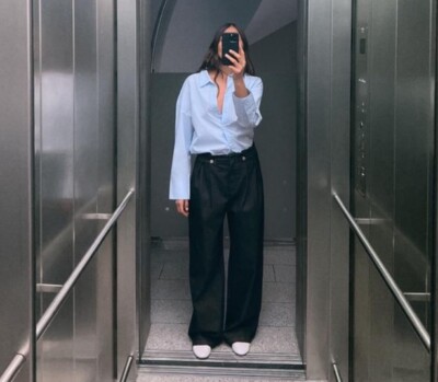 Zara Womens Z1975 High Waist Wide Leg Paperbag Jeans Blue Chambray Size  L/W30