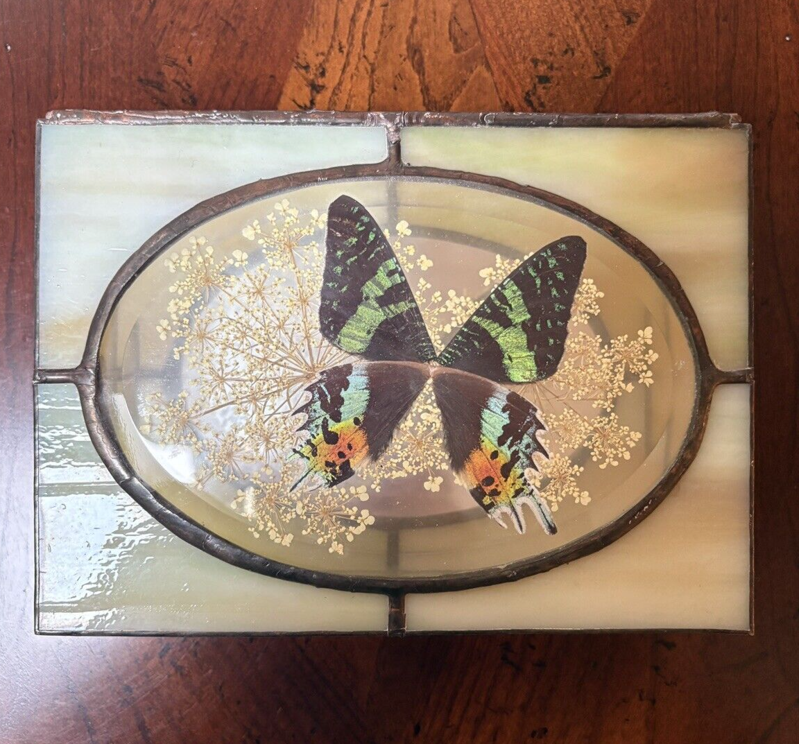 Vintage Hand Crafted Stained Glass Butterfly & Floral 7x5.25 in Jewelry Box