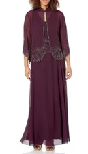J Kara Women’s Embellished Beaded Gown 2pc Jacket Dress Size 12P Wine