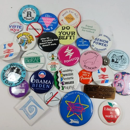 Large Lot of Buttons Vintage Pin Back Button Amtrack Teacher Education Gifted ++