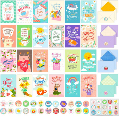 24 Pack 4X6In Cute Get Well Cards Assortment Box with Envelopes and Stickers, 24