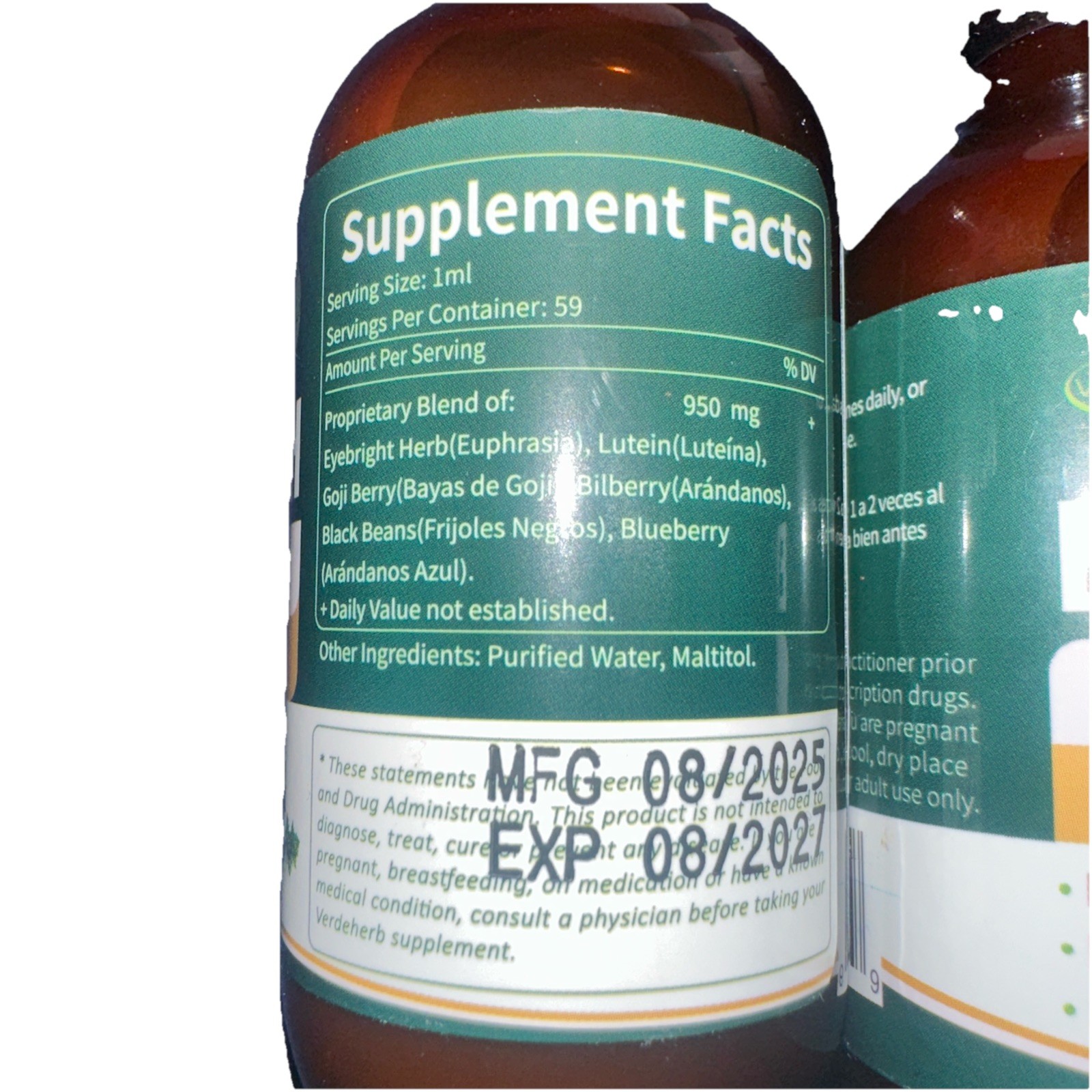 2 pack! Verdeherb Herbal Liquid Drops,Natural Eyebright Extract Support Ex:08/27