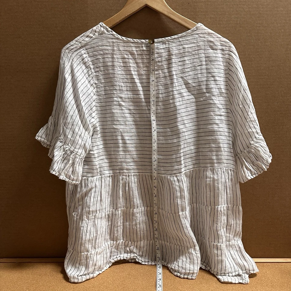 Worthier Top Womens S To M White Striped 100% Linen Tunic Peasant Flowy Tiered - image 3 of 4