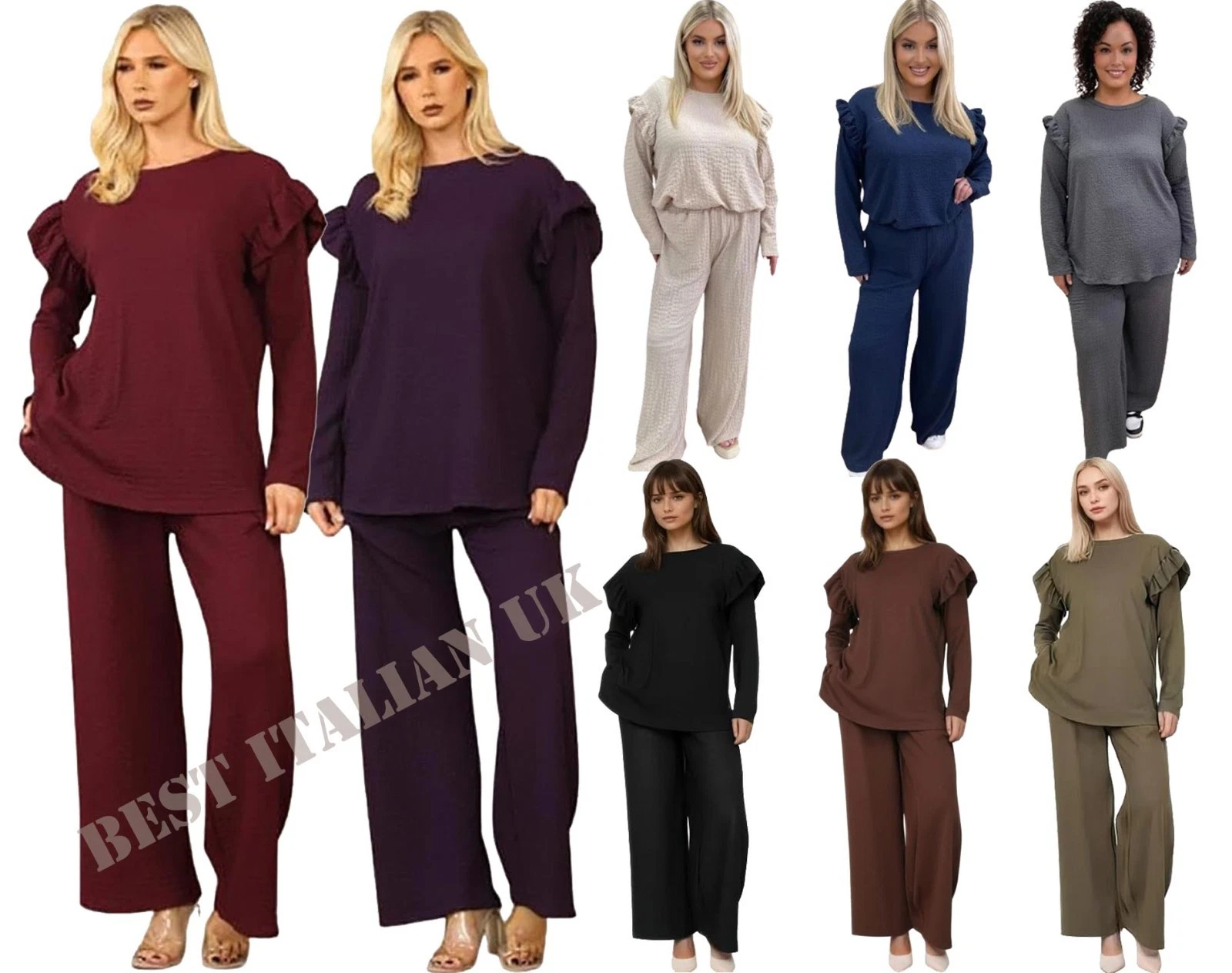 Women's Two-Piece Lounge Set, Ruffle Sleeve Top with Wide Leg Trousers
Opens in a new window or tab
