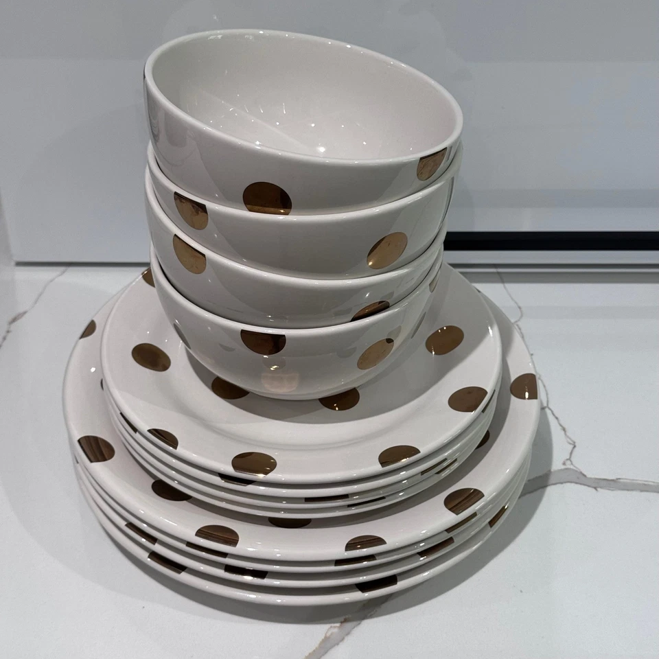 Kate Spade Lenox Deco Dot Gold Accent Plates and Bowls Set of 4/12 Piece - Image 2 of 4