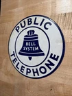 Vintage Bell System Public Telephone  Porcelain Enamel Metal Round Sign 7" NOS