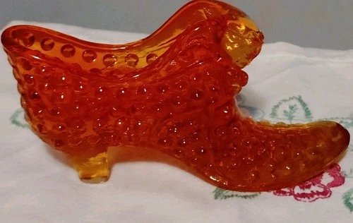 Vintage Fenton Art Glass Amberina Orange Hobnail Cat Head Boot Slipper Shoe 5.5"