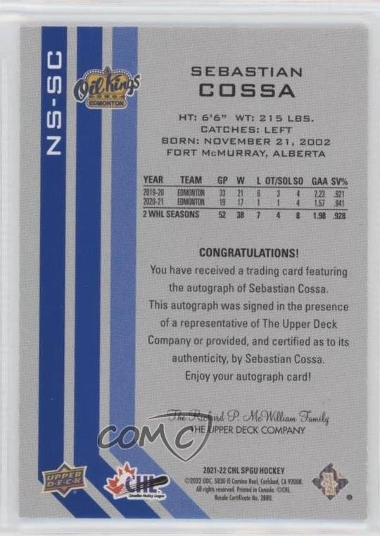 2021-22 SP Game Used CHL Edition New Style Blue Sebastian Cossa #NS-SC Auto 0ze5 - Image 2 of 3