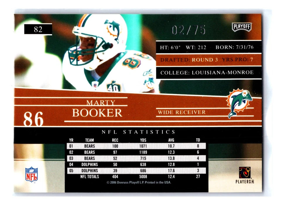 Marty Booker 2006 Playoff Prestige Xtra /75 Points Purple #82 Miami Dolphins - Image 2 of 2