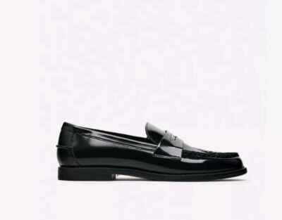 ZARA WOMAN NEW BLACK FAUX PATENT LEATHER PENNY LOAFERS 