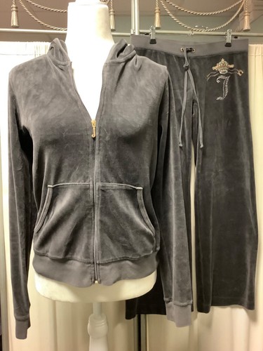 Juicy Couture Velour Grey Zip Up Hoodie M Low Rise Straight Leg Pants 32 x 29 SP - Picture 2 of 14
