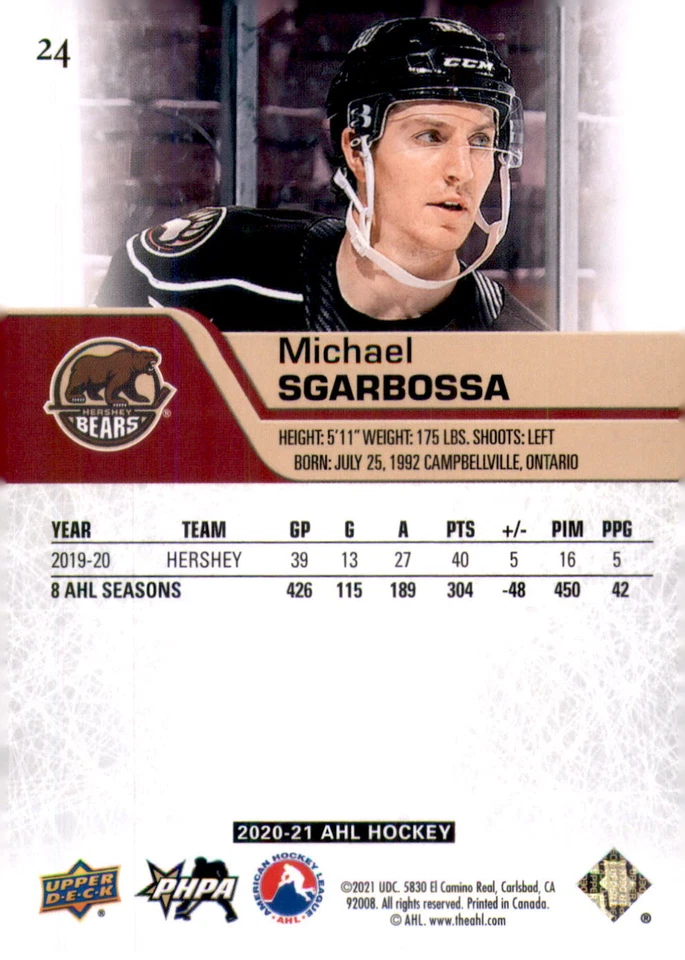2020-21 Upper Deck AHL #24 Michael Sgarbossa - Image 2 of 2