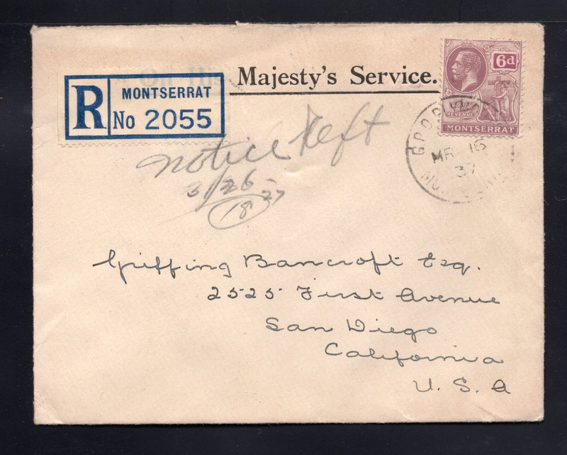 Montserrat 1937 G.P.O.Plymouth to San Diego Registered OHMS 6d George V Scott 68