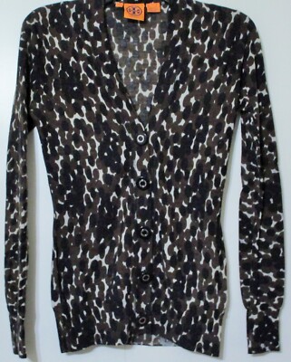 Tory Burch Cardigan Sweater Leopard Print 100% Merino Wool  XS