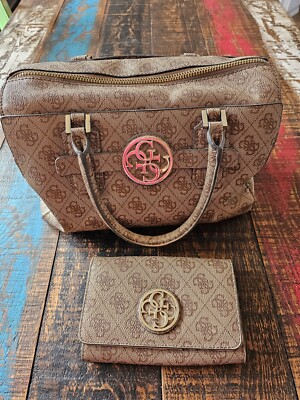 Used- Authentic Guess Box bag with Wallet allover G Pattern Rolled Top Handles