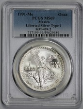 1991- MO Mexico 1oz Silver Libertad Onza PCGS MS 69  Type 1
