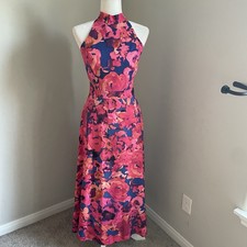 Floral Sleeveless Tahari Fuchsia & Blue Halter Maxi A-Line Dress Wedding Guest 