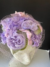 Vintage 1950's Facinator Hat Lilac Millinery Flowers and Net Union Made