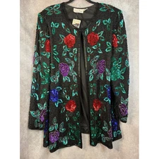 NWT VTG Lawrence Kazar Black Sequin Beaded Rose Floral Silk Jacket 4X Evening