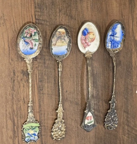 VINTAGE KLEPA ARTS ENAMEL SILVER SPOON LOT OF 4 MADE IN CZECHOSLOVAKIA