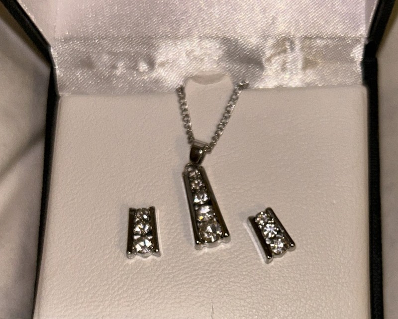 Cubic Zirconia Necklace And Earring Set, Silver With 18” Chain
